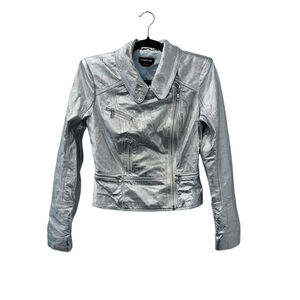 Bebe Vintage Y2K Silver Metallic Moto Jacket Size Small Lined Faux Leather Biker
